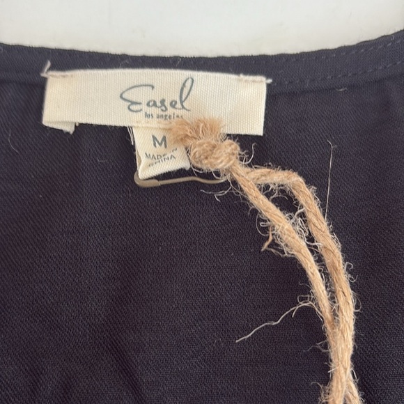 Easel black v-neck sheer shiny 3/4 sleeve mixed media rounded hem blouse shirt - Picture 13 of 16